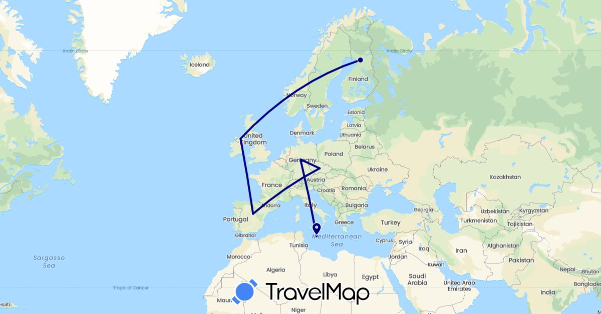 TravelMap itinerary: driving in Czech Republic, Germany, Spain, Finland, United Kingdom, Malta (Europe)